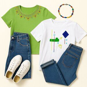Nancy Bolen City Girl Vintage Embroidered T-Shirt Set Women’s M Colorful Retro
